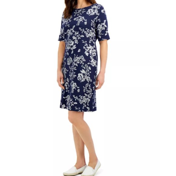 Karen Scott Floral-Print Dress - Color: Navy/Silver - Picture 1 of 3